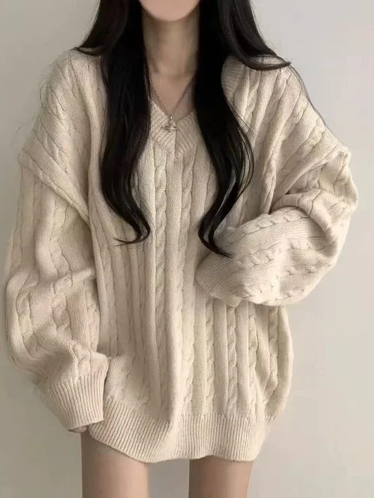 

Свободный вязаный спиральный свитер, женский свитер с v-образным вырезом, весна-осень, мягкий уютный длинный топ-свек, повседневный модный свитер, новая модель