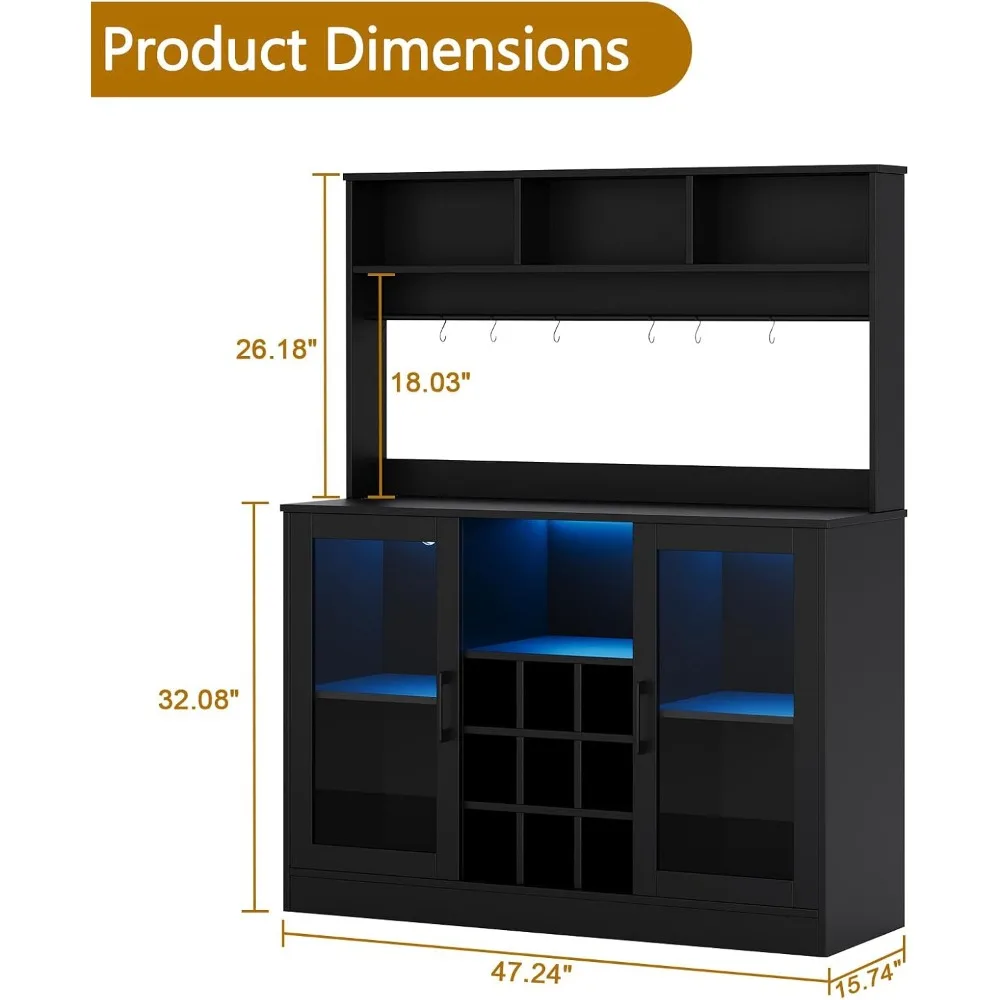 와인 바 캐비닛, LED 조명이 있는 와인 캐비닛, 수납 공간이 있는 주류 캐비닛, 전원 소켓, 조절 가능한 선반, 모던 홈 와인