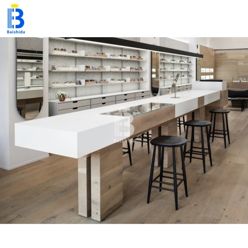 custom.Modern Custom Wooden Optical Shop Reception Desk Sunglasses Showcases with Glass Cover Elegant Glasses Display Cabinet