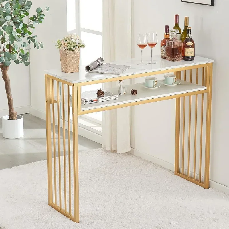 

Gold Bar Table, High Top Pub Tables for Kitchen, Modern Dinning Table with Open Storage Shelf, Liquor Bar Unit for Living Room