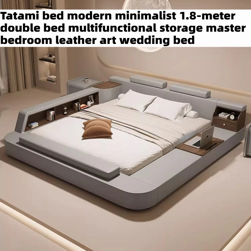 180x200cm Tatami Bed Leather Modern Frame Master Double 2 People Bed Headboard Luxury Multifunctional Storage Bedroom Furniture