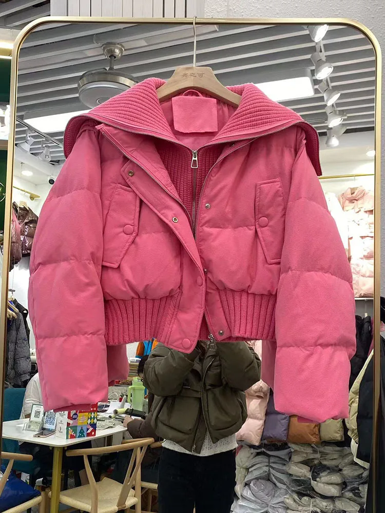 Winter New Rose Pink Coat Women Knitted Collar Double Zipper Design Warm Down Liner Jacket Coat for Women 2024