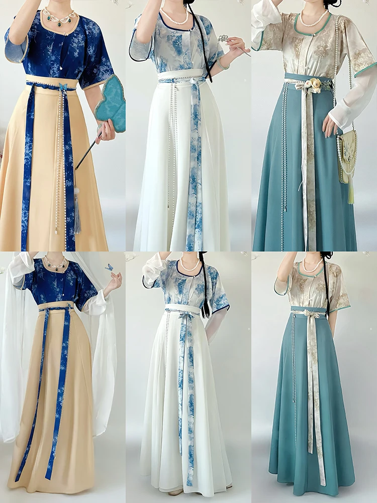 Tang Hanfu 3 conjuntos de Camisa estampada con camiseta, ocho faldas rotas, ropa diaria con vestido de verano, vestido tradicional chino