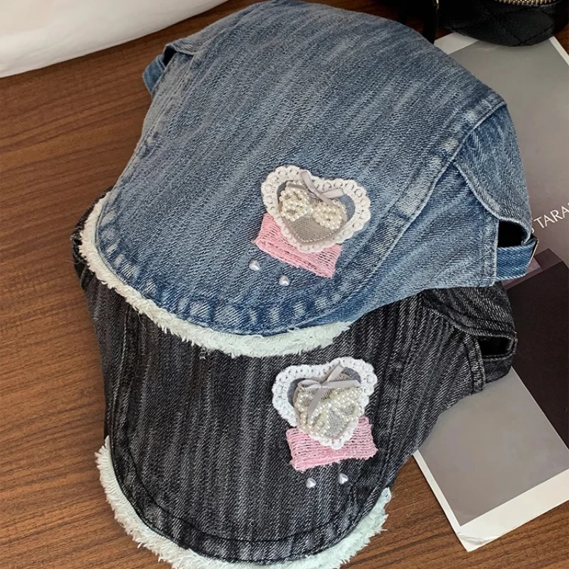 اليابانية الحلو اللؤلؤ القوس تصميم غسلها الدنيم إلى الأمام قبعة المرأة الصيف تنفس تنوعا ظلة شقة أعلى بلغت ذروتها قبعة #4