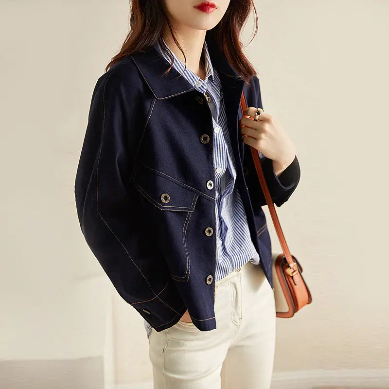 2024 New Spring Autumn Denim Jacket Women Short Full Sleeves Suit Collar Loose Cowboy Coat Female Jean Outwear Female Tops R2455