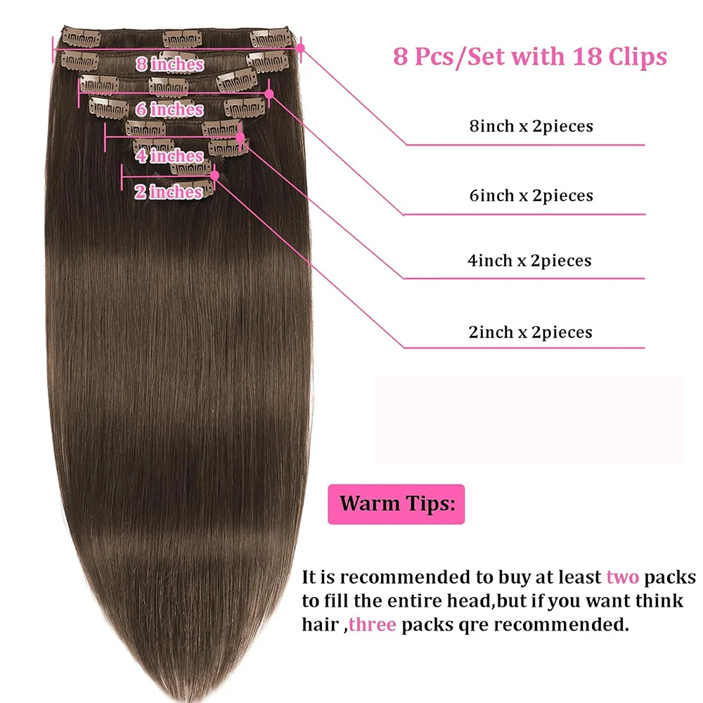 Clip In Hair Extension Human Hair Brown Brazilian Virgin Real Human Hair Full Head Double Weft Extensions 16 To 26 Inch 8Pcs/Set