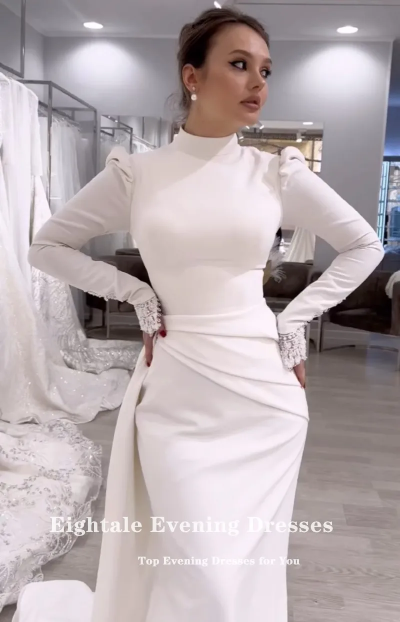 Vestido de novia árabe de Eightale, vestido de novia de encaje de cuello alto de color marfil personalizado, vestido de fiesta de novia de sirena musulmana de manga larga