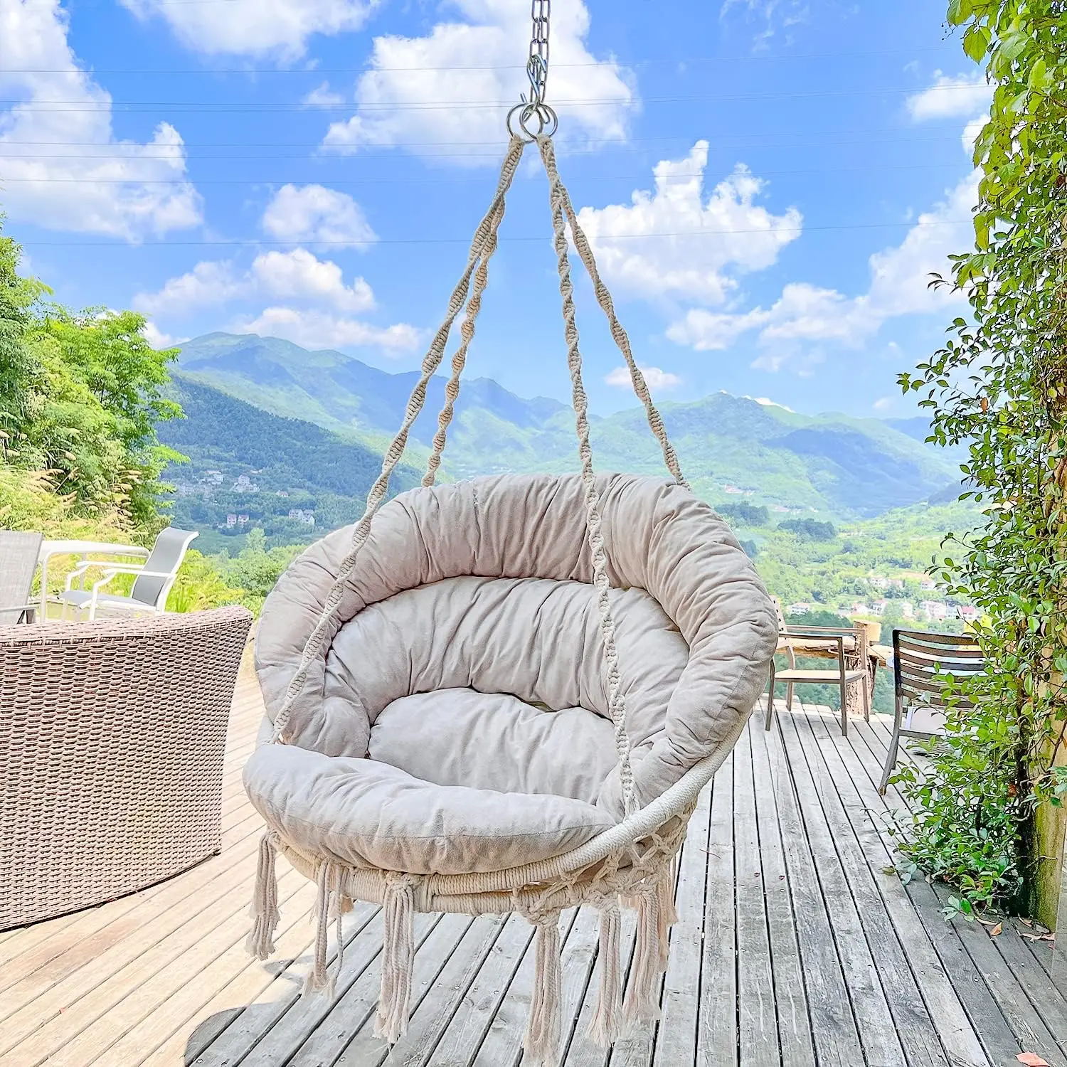 

Hammock Chair with Cushion, Handmade Macrame Swing Chair with Hanging Hardware Kits, Bohemian Style Cotton Rope Hanging Chair