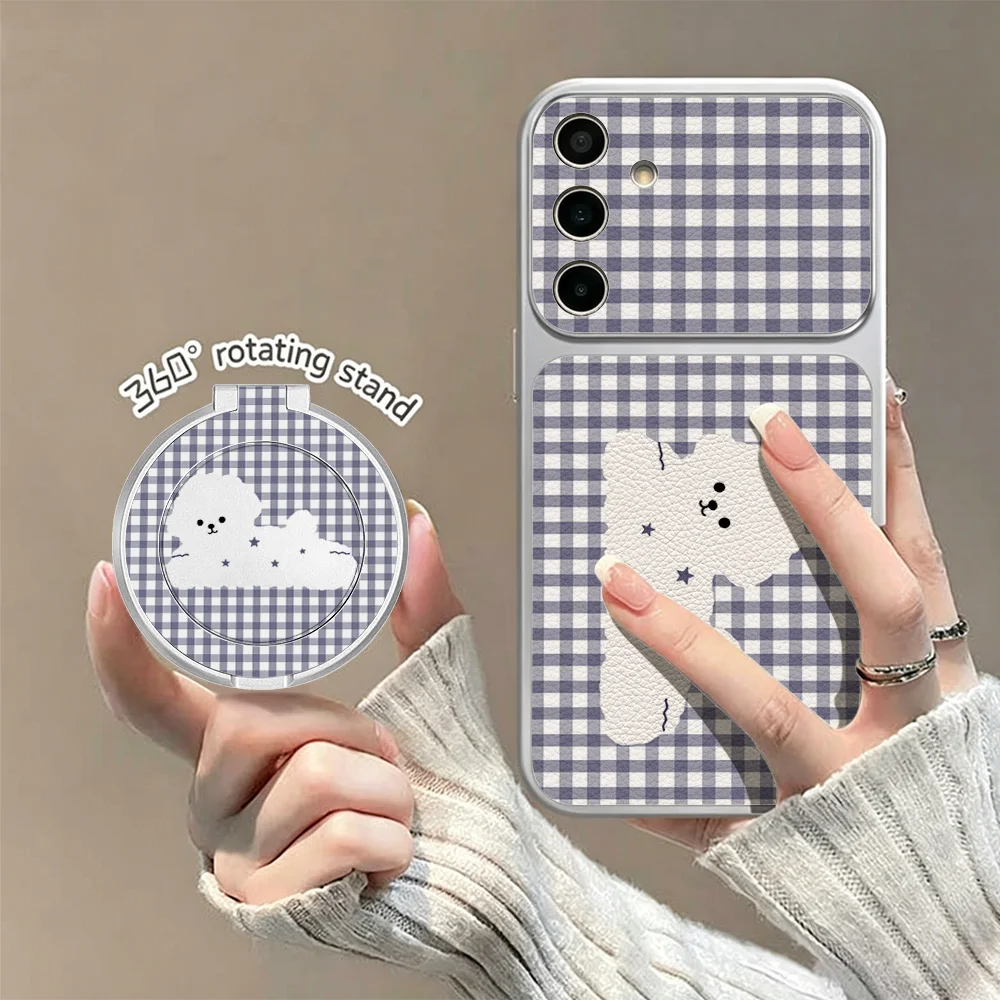 Phone Case For Samsung Galaxy S26 S25 S24 FE S23 Ultra A57 A27 A56 A26 Blue Gingham Puppy Shockproof Cover With A Bracket Fundas