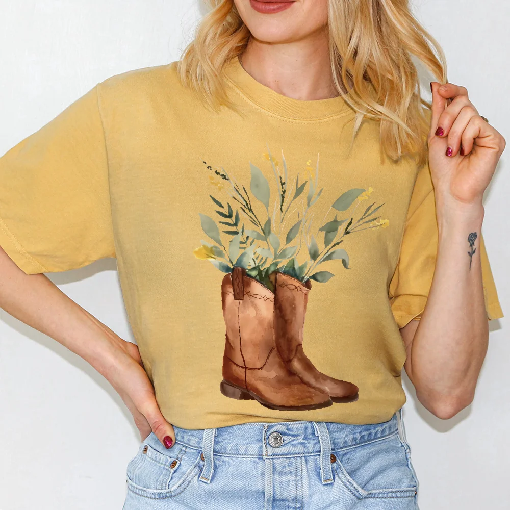 

Y2K Women Cropped T-shirt Western Cowboy Vintage Boots Floral eAlien Stage Gothic Oversized Cotton Summer Cute Top