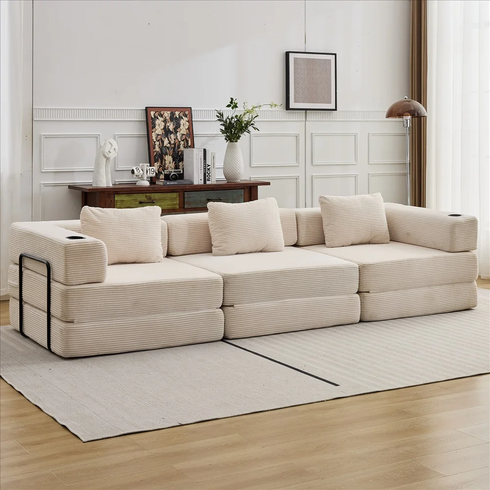 Cord-Modulsofa Frei Kombinierbare Wandelbare Eckcouch mit Getränkehaltern Übergroße Chaiselongue für Wohnzimmer – Detail 11