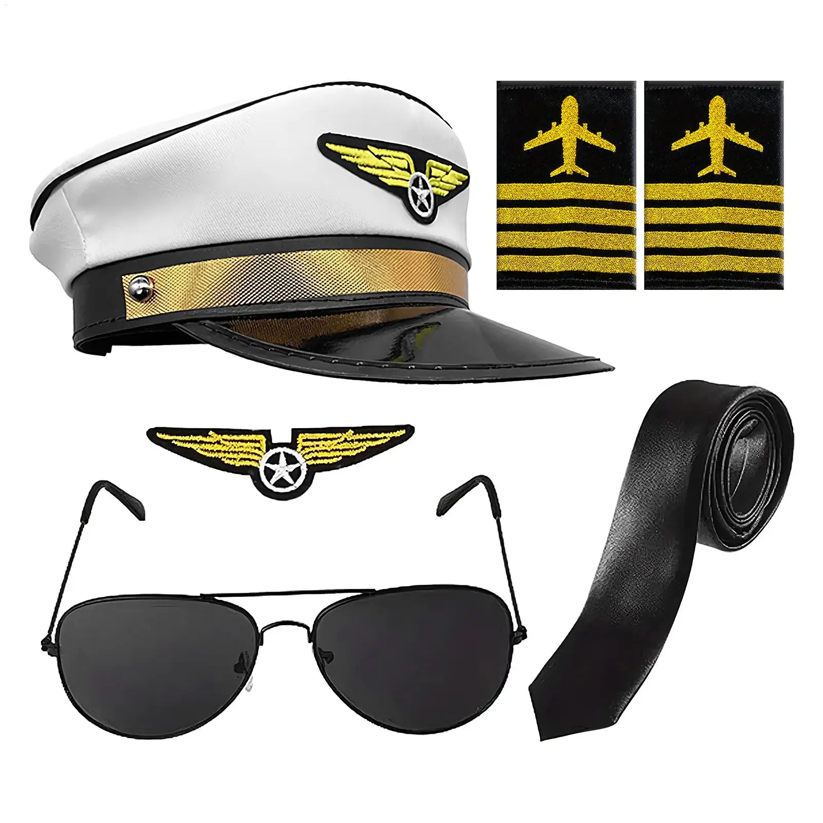 Pilot Captain Costume Set Pilot Hat Aviators Sunglasses Wing Patch Multiple Kits With Tie Epaulets Plane For Halloween Party - view 2