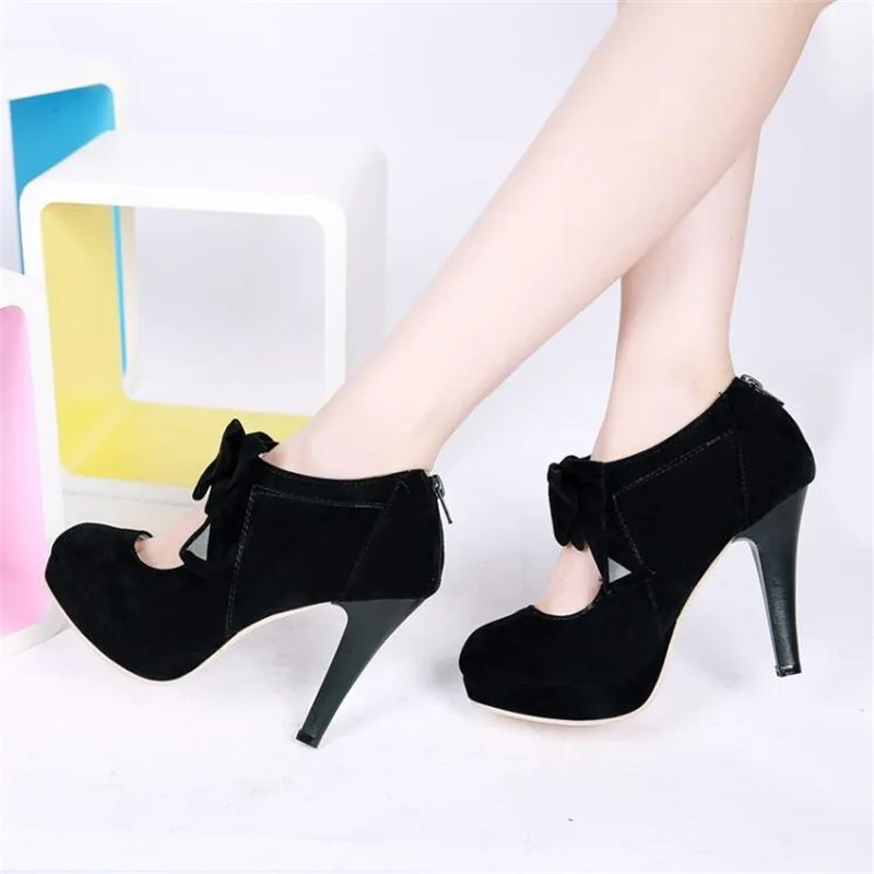 Plus Size 34-46 Women High Heels Sweet Bowknot Women Platform Pumps Flock Princess Mary Jane Women Party Shoes Ladies Footwear