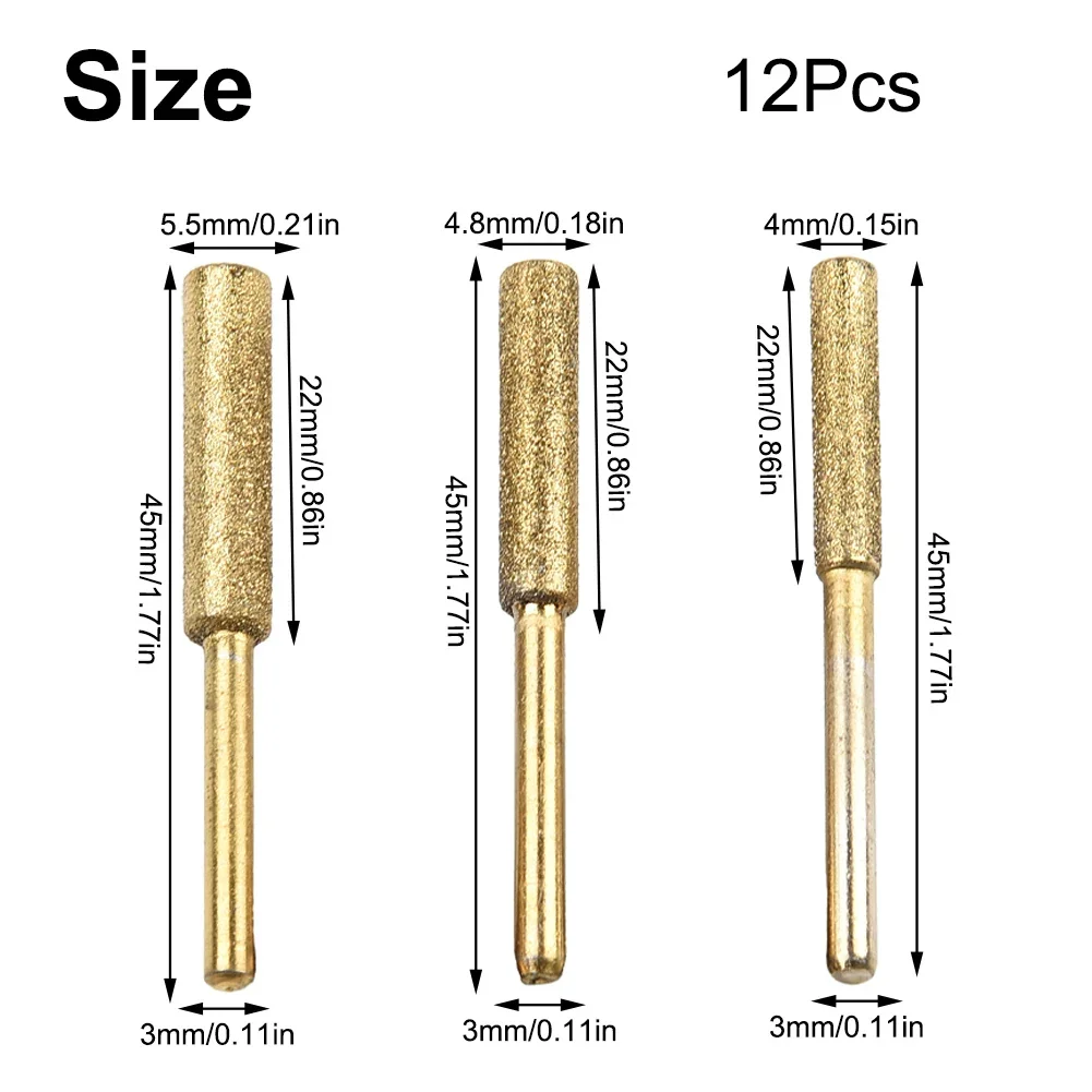 Brand New High Quality Chainsaw Sharpener Diamond Shank 3mm Spare Parts Titanium Yard 12pcs 3 Size/4pc Grinding Head
