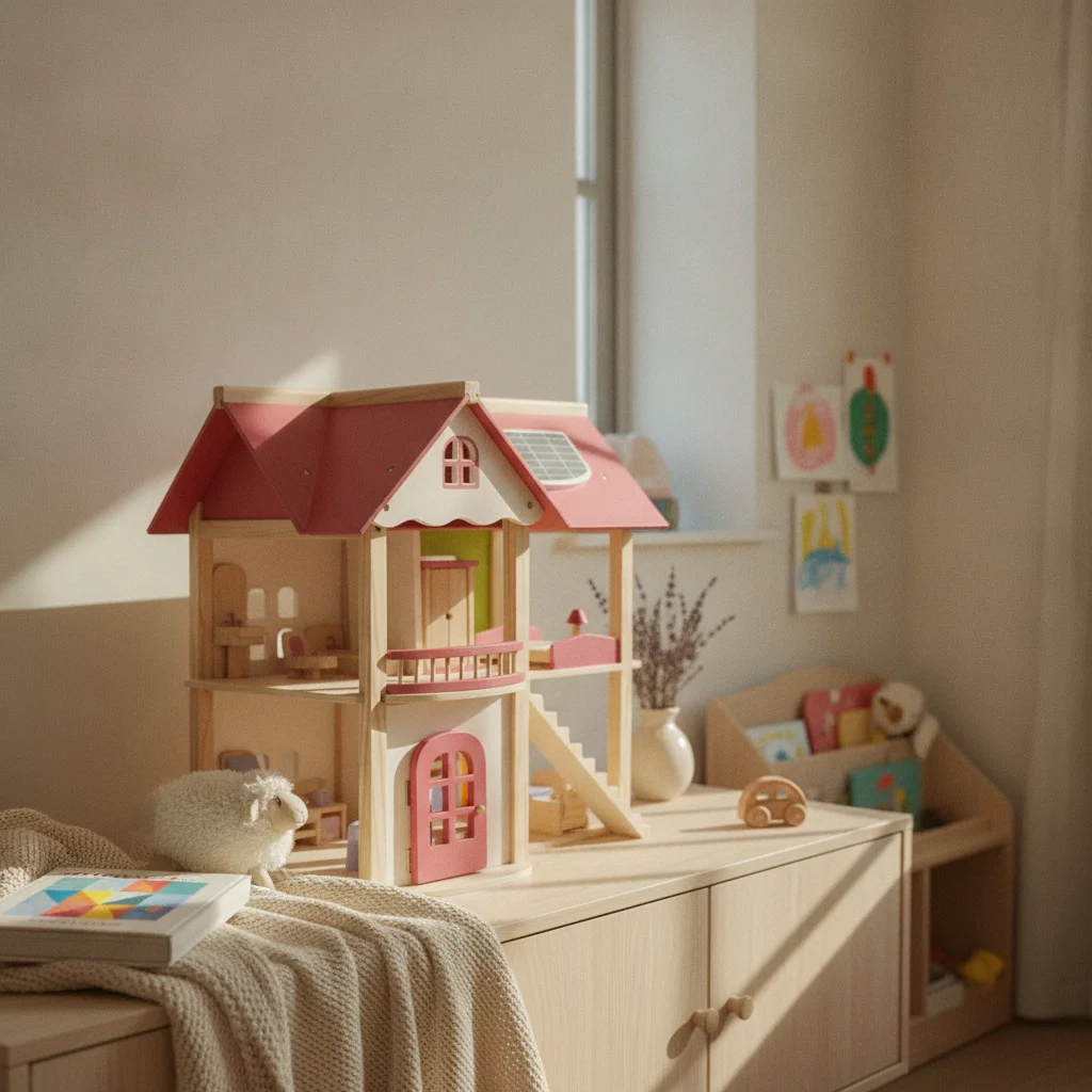 

Wooden Dollhouse Multi-Level Open-Frame Dollhouse Mini Indoor Playhouse Peaked Roof for Children