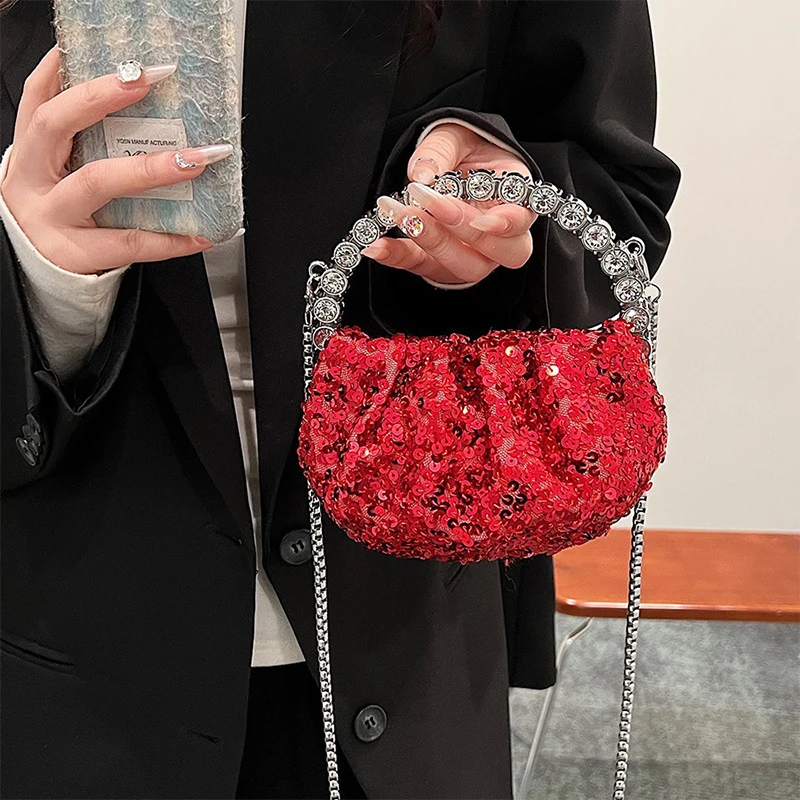 

Crystal Diamond Round Top Handle Clutch Handbag Women Bling Sequins Tote Bags Ladies Shoulder Chain Evening Party Wallet Purse