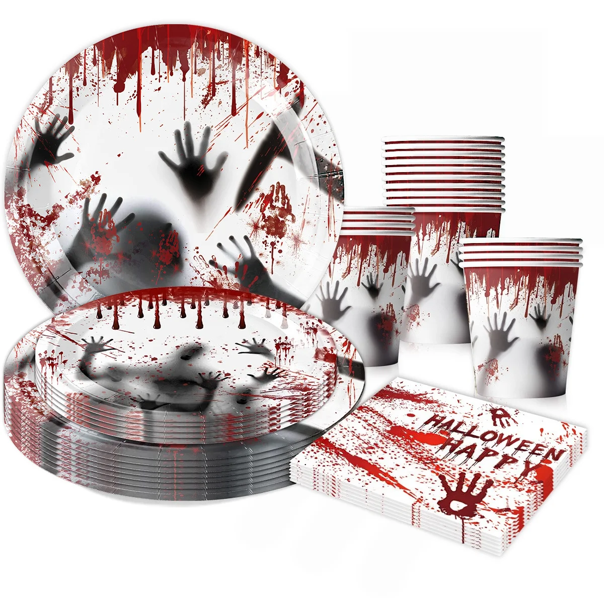 Scary Blood Halloween Tableware Set, Blood Hand Print Paper Plates Cups Napkins Banner, Horror Theme Halloween Party Decorations
