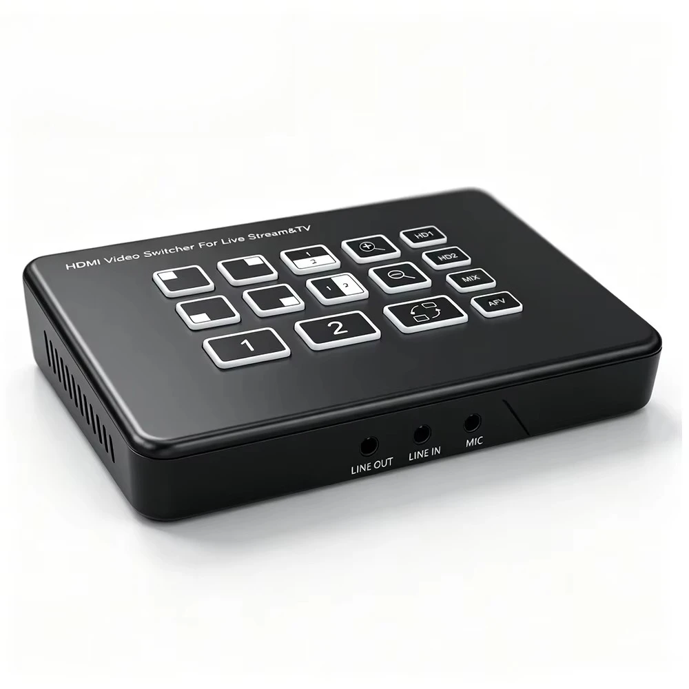 HDMI Video Mixer Switcher 2 Channel 2 Ports Live Streaming Video Switcher 1080P 60Hz Capture Card PIP MIC Line in Line Out