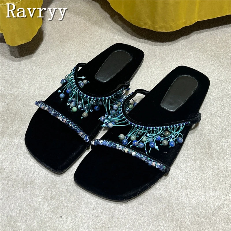 

Luxury Design Tassel Rhinestone Slippers for Women's Summer New Square Toe Flat Bottomed Beach Women Slides Sandals