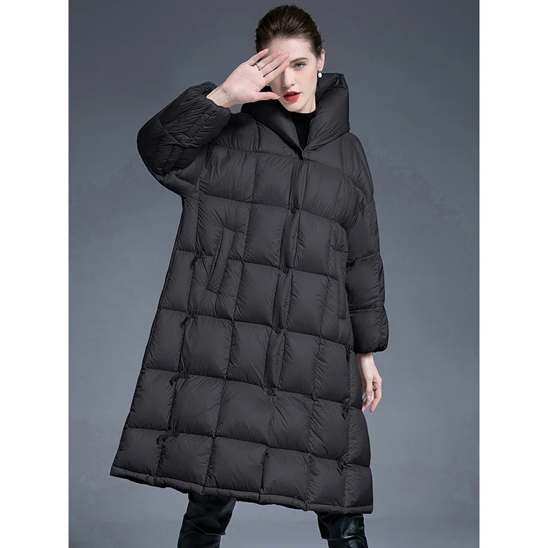 Luxury High Quality Winter New White Duck Down Women's Long Down Jacket Quilted Hooded Trench Coat Thick Loose A-Line Outerwear