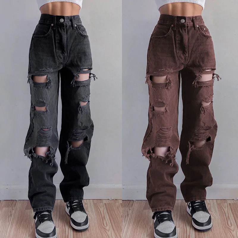 

Brown Ripped Vintage Woman's Distressed Jeans Streetwear Hole Hip Hop High Waist Pants Fashion Straight Denim Trousers Ladies