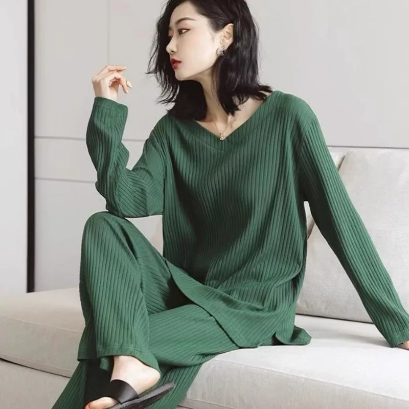Spring and Autumn New Pajamas Long Sleeve Pants 2 Sets of Advanced Sense Can Be Worn Outside The Home Suit Set 200 Pounds Pajama