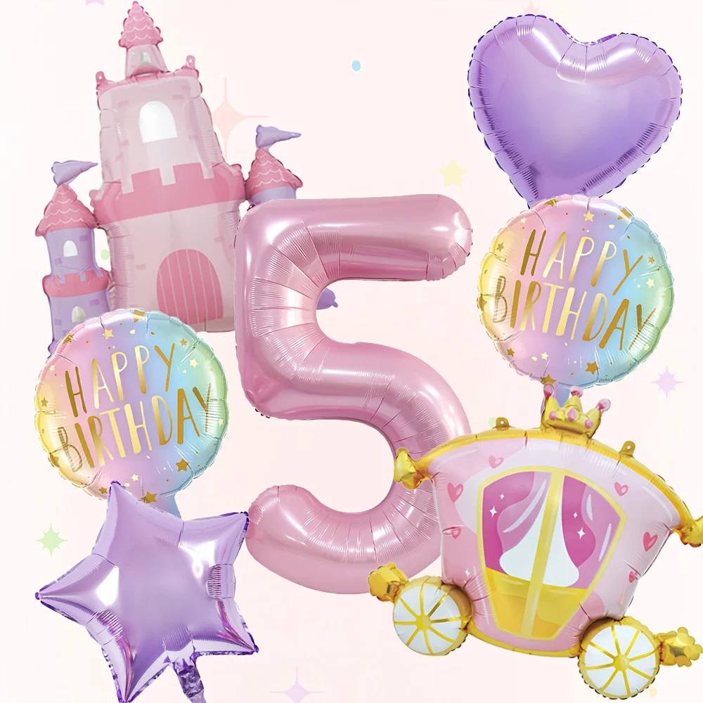 7-teiliges Prinzessinnen-Themen-Set mit Schloss und Kutsche, Aluminiumfolienballons für Geburtstagspartys und Babypartys, Luftballons und Dekorationszubehör – Detail 7
