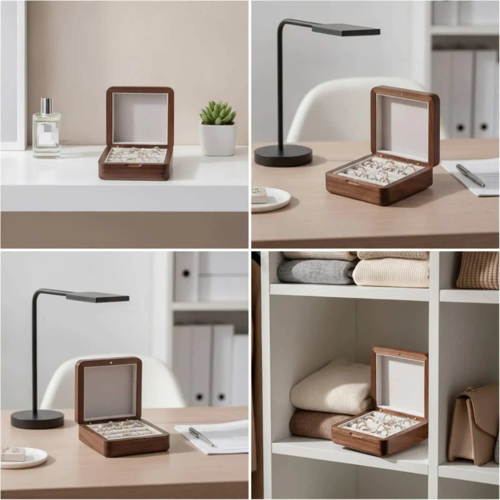 2xWooden rings Box Soft Lined rings Box with Hinged Lid Compact Jewelry Organizer with Slots for Dresser, Vanity, Travel