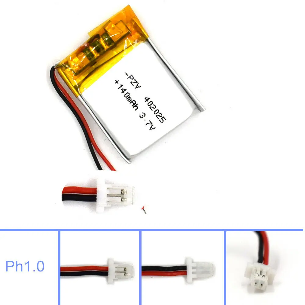 3.7V 140mAh Lipolymer 402025 Battery Rechargeable with 2Pin JST Plug Cell for Lamp Led Camera GPS Recorder Reader