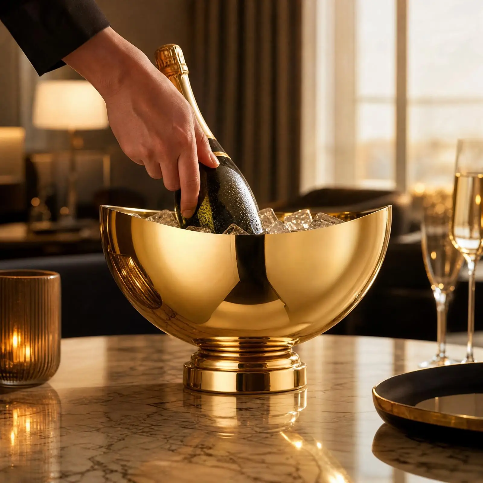 Reflective Metal Champagne Ice Bucket Large Serving Bowl for Salads Fruits Drinks Cooler with Raised Base Elegant Table