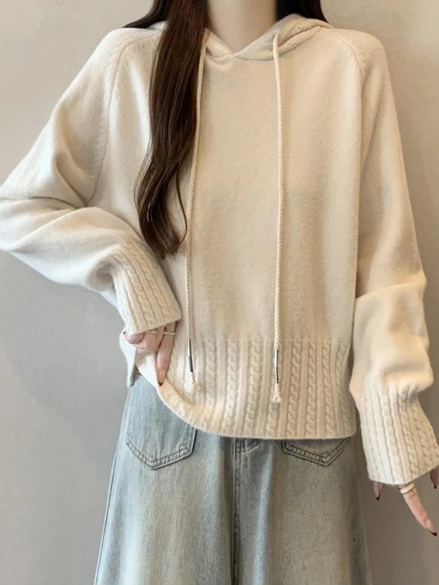 

Корейская вязаная толстовка-худи на шнурке для женщин, осенне-зимняя, больших размеров, уютная внутренняя одежда, топ с коротким рукавом