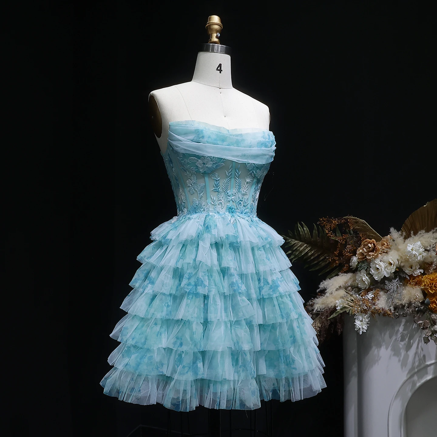 Sharon Said Aqua Trägerloses Blumenverziertes Stufenkleid aus Tüll für Abschlussball, Dubai Sexy Mini-Cocktailkleid, Abendkleid RM133 Maßanfertigung – Detail 6