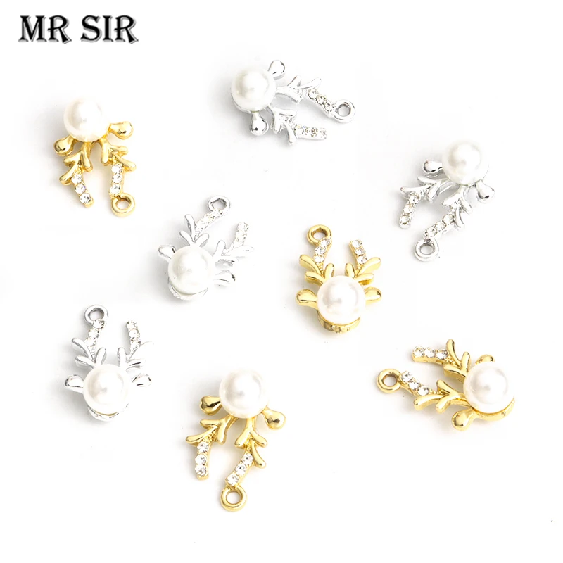 10pcs Exquisite Christmas Elk Pearl Crystal Charms Fashion Deer Pendant for DIY Earrings Necklace Sweet Xmas Jewelry Accessories