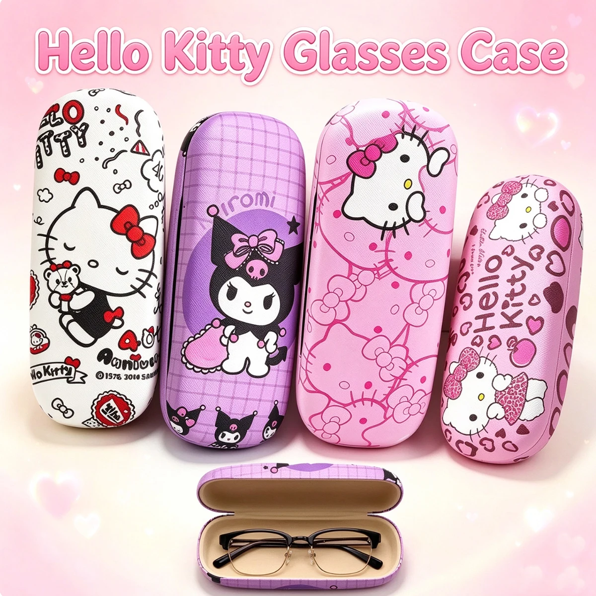 Sanrio Hello Kitty Kuromi Hartschalen-Brillenetui, niedliches Cartoon-Brillenetui, tragbares, druckfestes Brillenetui für Damen und Mädchen.
