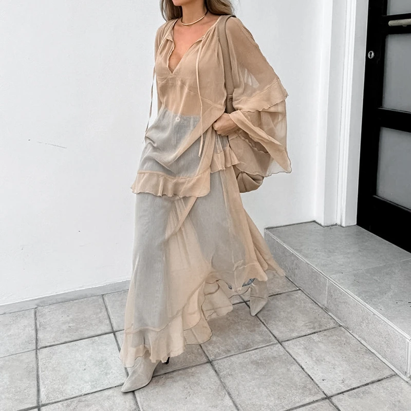 Combhasaki Women Chiffon See-through Loose Fit Cover-ups Flare Long Sleeve V-Neck with Straps Ruffled Layered Maxi Long Dress