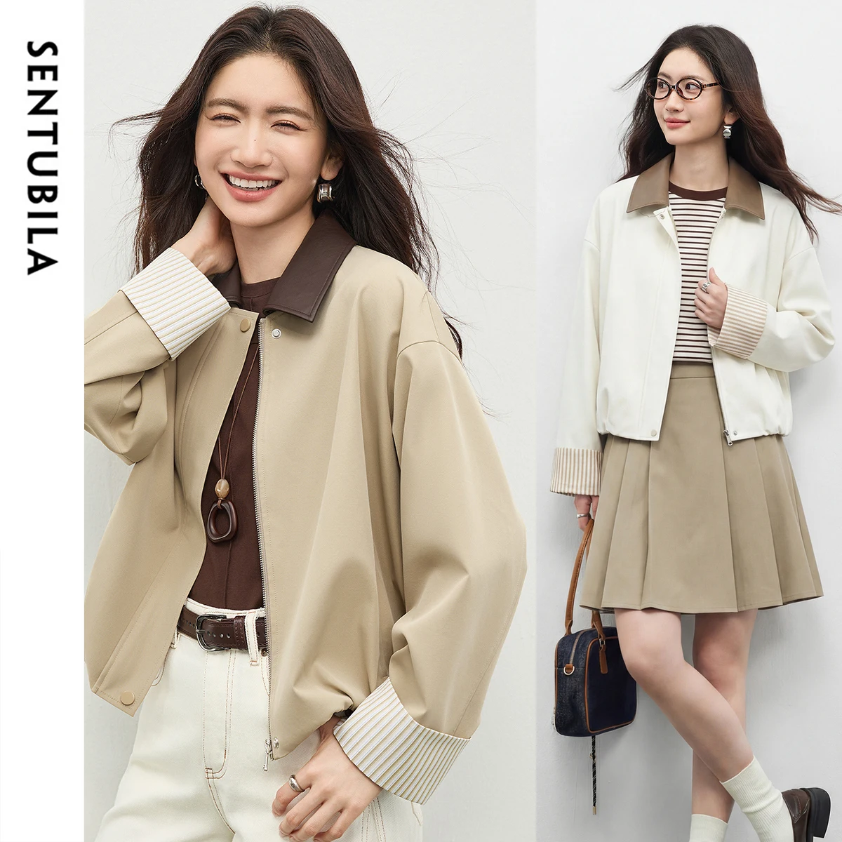 SENTUBILA Women's Short Jacket 2026 Autumn Fall Striped Cuff Long Sleeve Spliced Pu Lapel Bloom Hem Ladies Outerwear 161WB5721