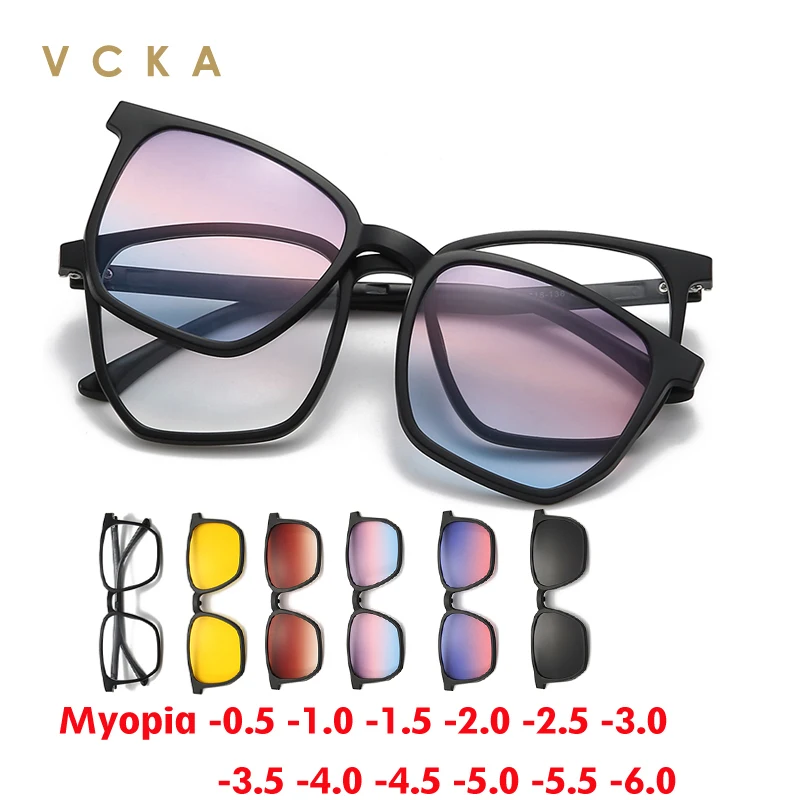 VCKA 6 In 1 Myopia Polarized Sunglasses Big Frame Glasses Men Women Gradient Clip Magnet Custom Prescription Eyewear -0.5 To-10