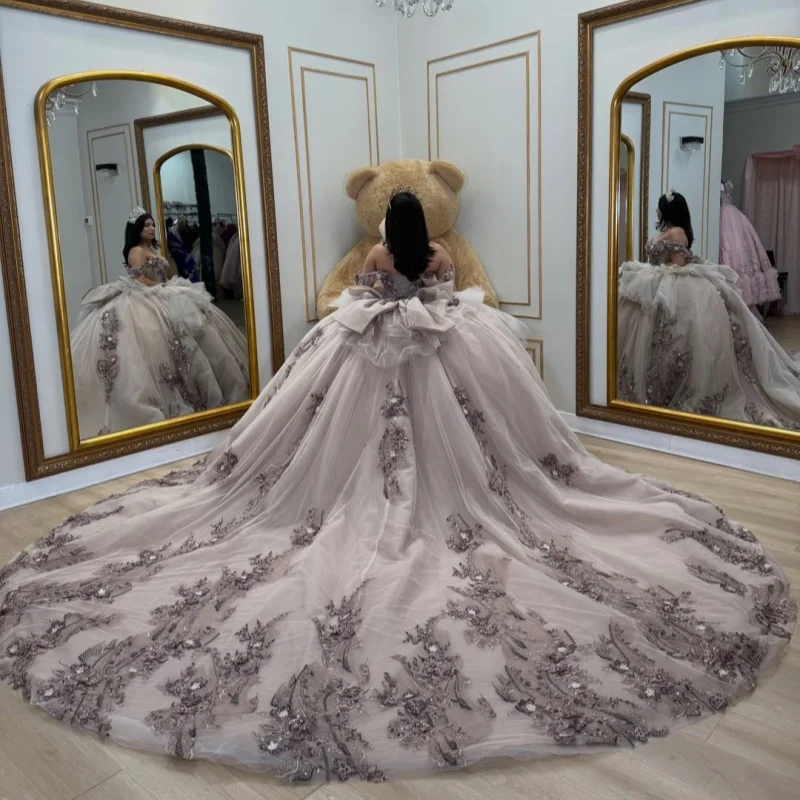 Grey Quinceanera Dress Glitter 3D Flower Decal Long tail off-shoulder Lace Layering Bow Vestidos De 15 Quinceanera ﻿Customize 4