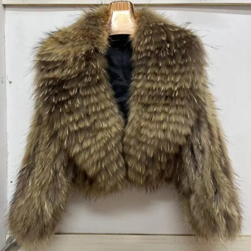 100% Natural Fur raccoon braided big lapel short fur coat Knitted Fashion Ladies Cardigan