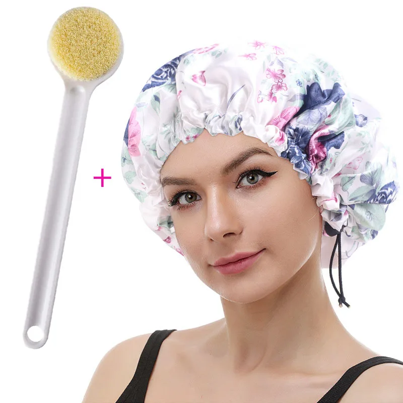 New Adjustable Double Layer Shower Cap with Bath Brush Kitchen Makeup Anti-oil Fume Hood Shampoo Bath Thickening Sleep Cap