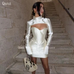 Qanz moderno dubai árabe cocktail vestidos marfim mini cetim espartilho volta vestido de festa de casamento mangas completas jaqueta vestidos personalizados