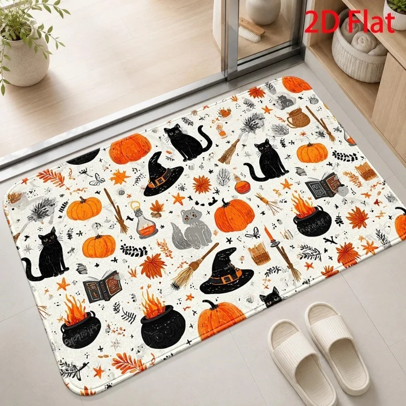 Halloween Witch Element Doormat, Black Cat Pumpkin Broom Printed Floor Mat, Spooky Season Household Rug