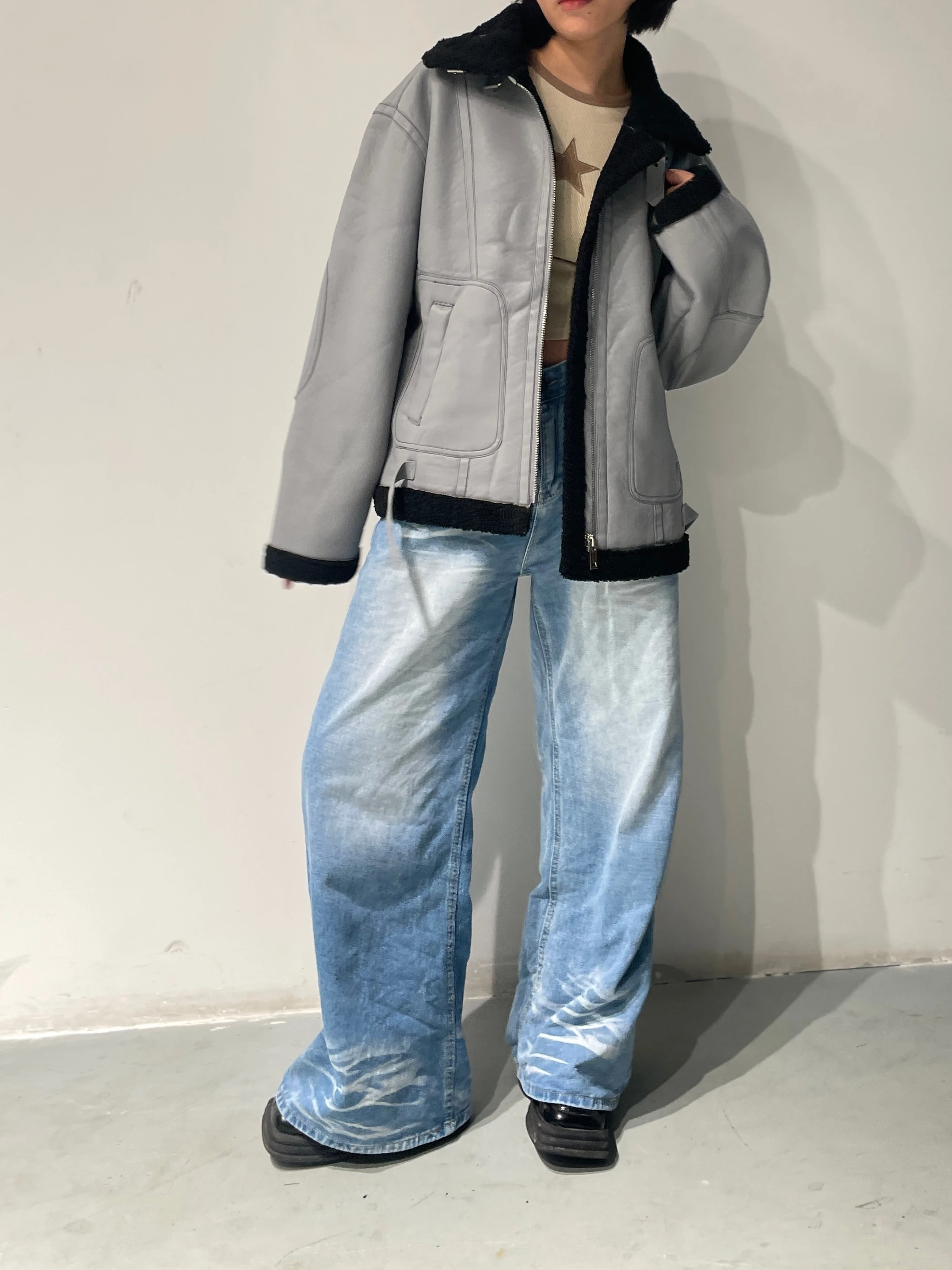 เสื้อโค้ทกันลมสำหรับผู้หญิง ฤดูหนาว หนังเทียมบุขนสัตว์เทียม ทรงไบค์เกอร์ ซิปยาว ทรงปกติ วัสดุ PU