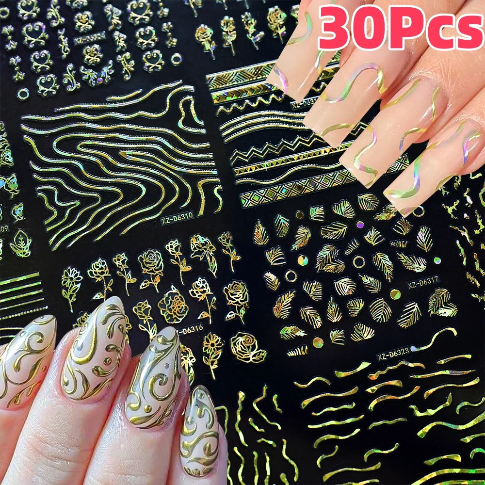 30 Stücke 3D Laser Gold Retro Französisch Linie Blume Nail art Aufkleber Stern, Herz, Blatt Selbstklebende Nagel Aufkleber Elegante Frauen Tipps Dekor