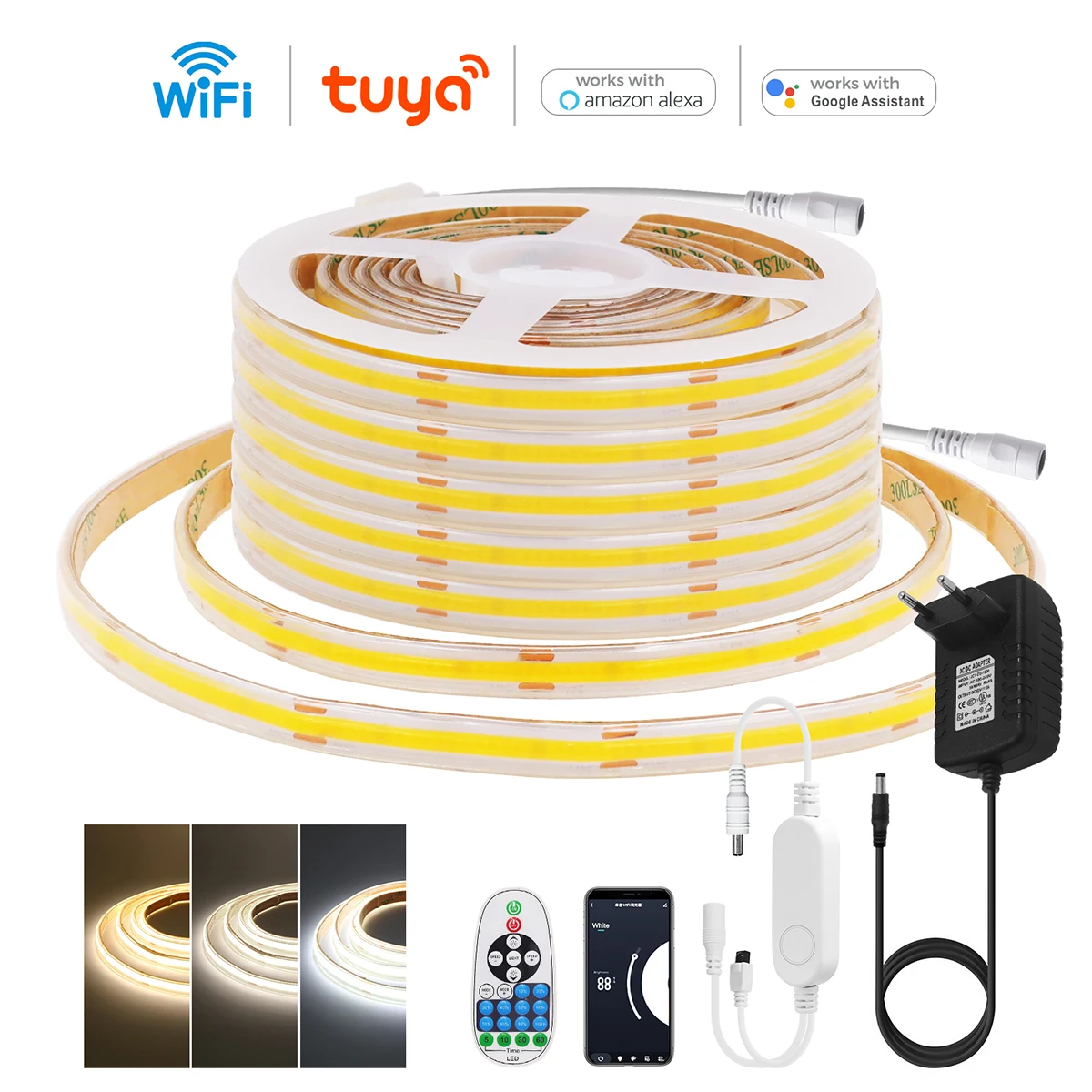 Dimmable WiFi COB LED Light Strip 23Key IR remote With Power DC Plug Bright 480LED/m Flex Tape Natural Warm White Linear 12V 24V