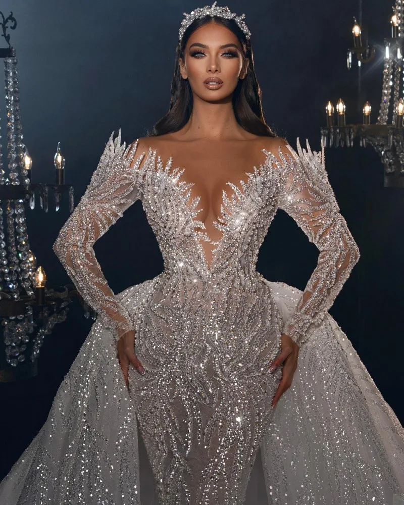 

Cystal Beading Mermaid Wedding Dress 2025 Luxury Off Shoulder Long Sleeve Bridal Gowns With Detachable Train Vestidos De Novia