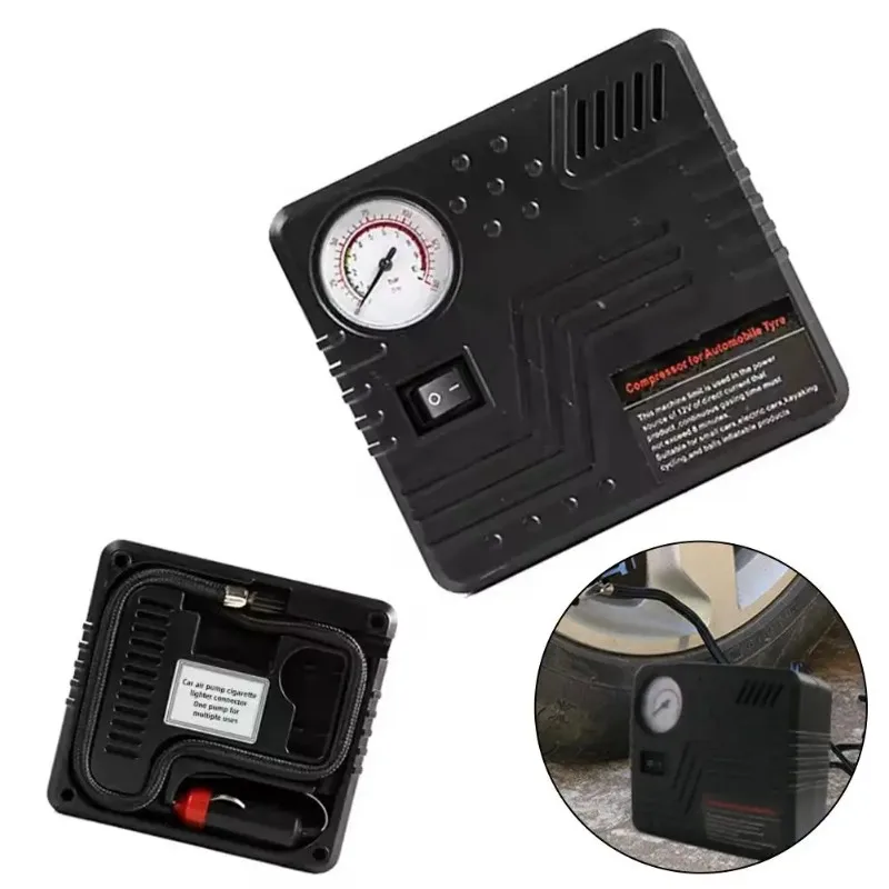 Car Emergency Air Pump Auto Tire Inflator DC 12V with Pressure Gauge Cigarette Lighter Plug Compact Portable for SUV Truck New