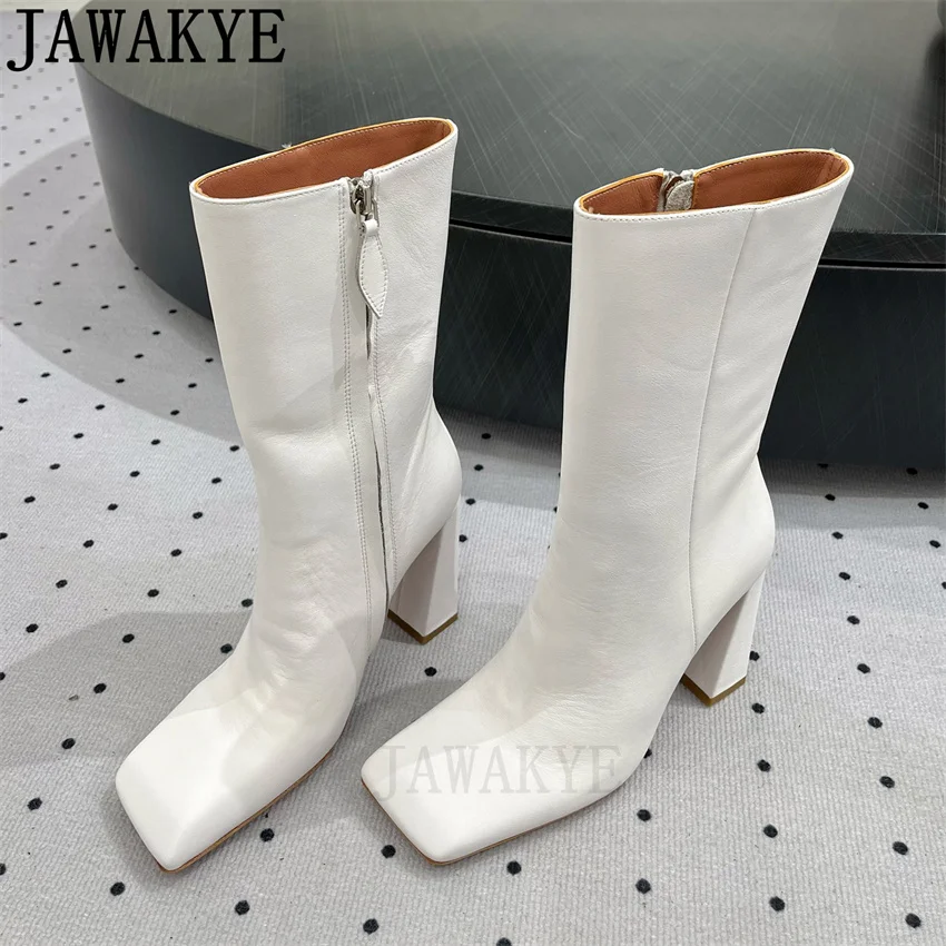 Genuine Leather Mid Calf Boots Woman Square Toe Designs Chunky High Heels Chelsea Boots Black White Simple Fashion Week Boots