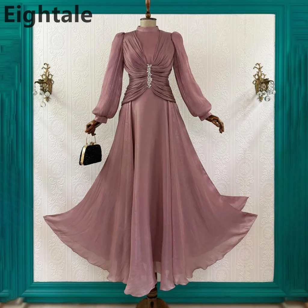 

Eightale 2025 Pink A Line High Neck Long Sleeve Pleated Maxi Evening Dress Saudi Arabic Prom Dress Dubai Party Gown Customized