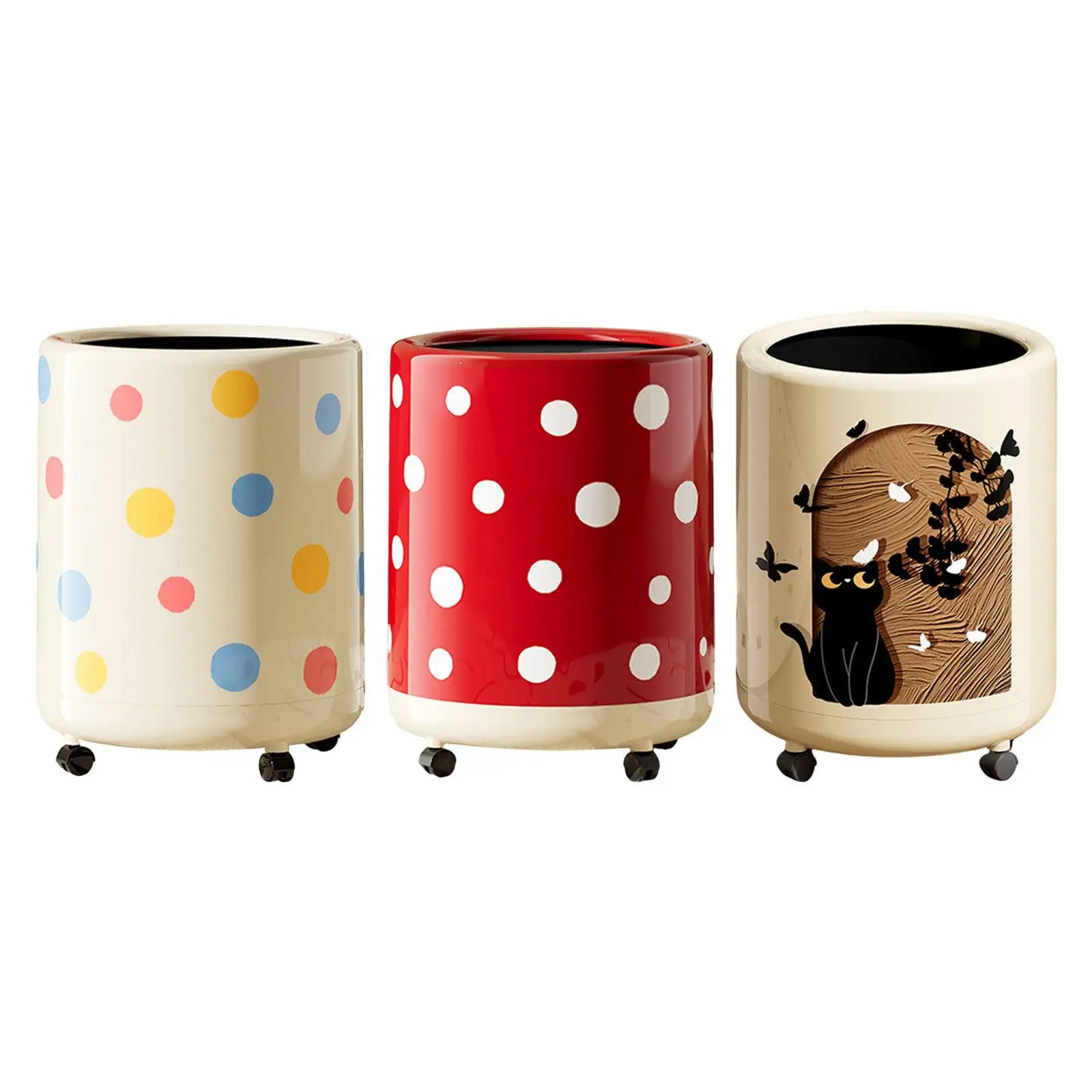 Polka Dot Trash Can Garbage Can 12L Dustbin with Wheels Uncovered Waste Basket Recycling Bin for Household Living Room Dorm